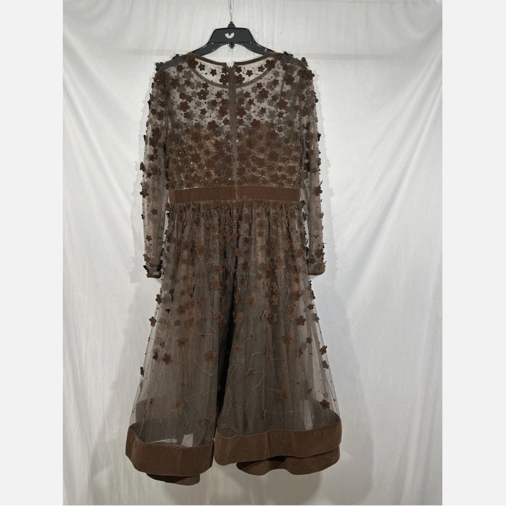 NWT Mac Duggal [ 10 ] Floral High Neck Long Sleeve Fit Flare Dress‎ Coffee Brown - Picture 8 of 15